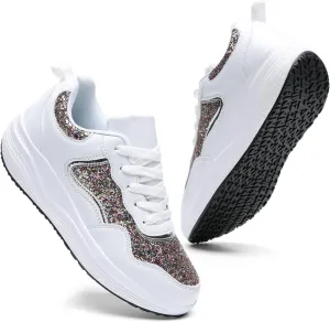 DADAWEN Women's Glitter Platform Wedge Athletic Tennis Walking Shoes Sparkly Sequin Lightweight Non Slip Casual Comfort Fashion Sneakers (Size:US5-US12)