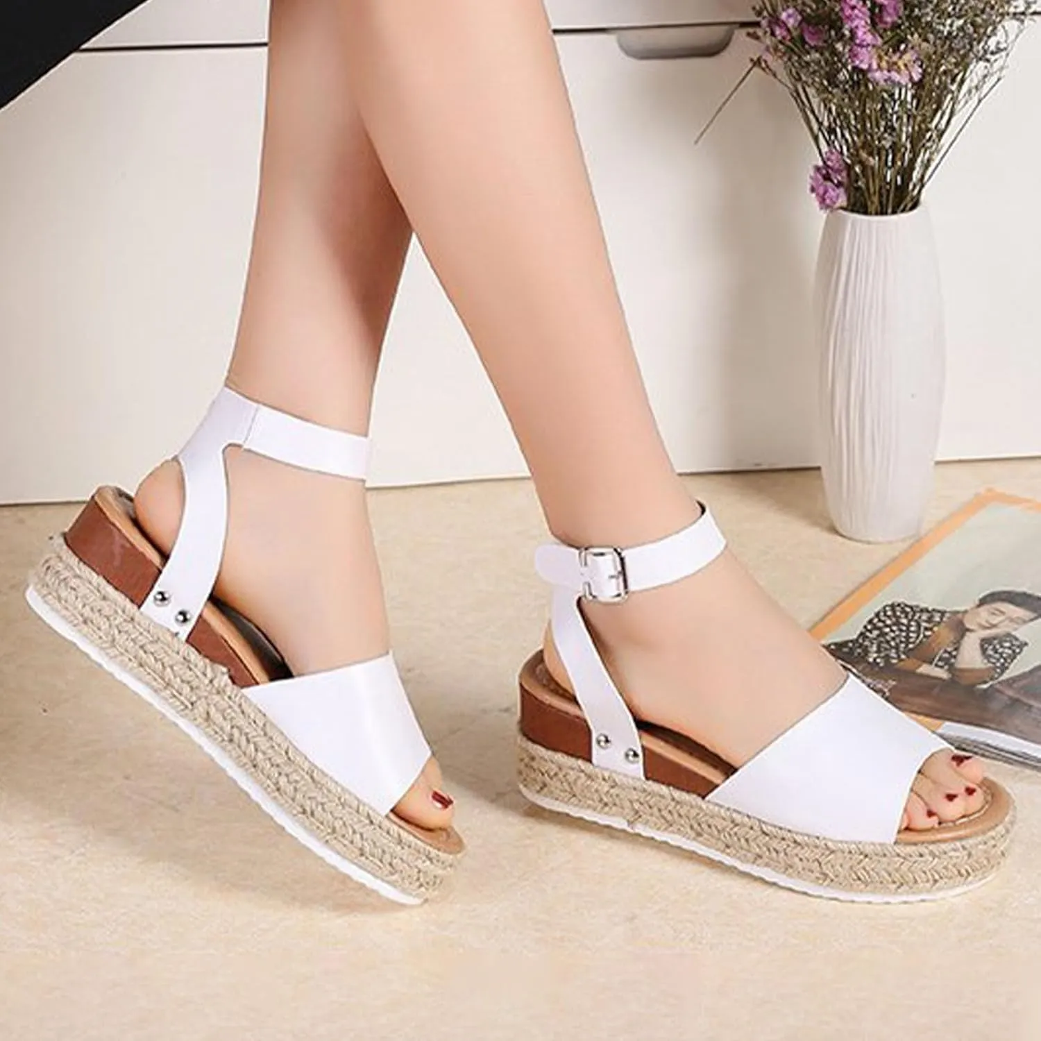 DevilAngel Women's Topic Open Toe Buckle Ankle Strap Espadrilles Flatform Synthetic Summer Casual Wedges Sandals