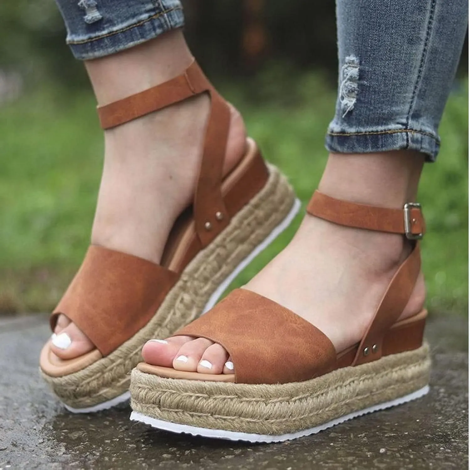 DevilAngel Women's Topic Open Toe Buckle Ankle Strap Espadrilles Flatform Synthetic Summer Casual Wedges Sandals