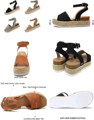 DevilAngel Women's Topic Open Toe Buckle Ankle Strap Espadrilles Flatform Synthetic Summer Casual Wedges Sandals