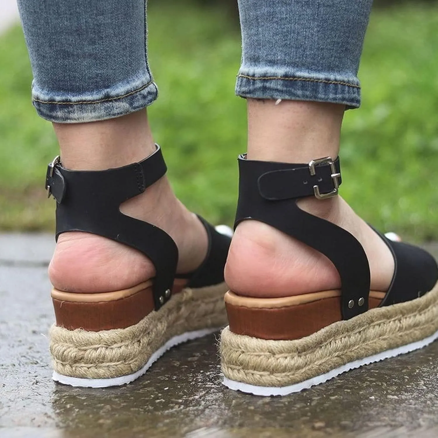 DevilAngel Women's Topic Open Toe Buckle Ankle Strap Espadrilles Flatform Synthetic Summer Casual Wedges Sandals