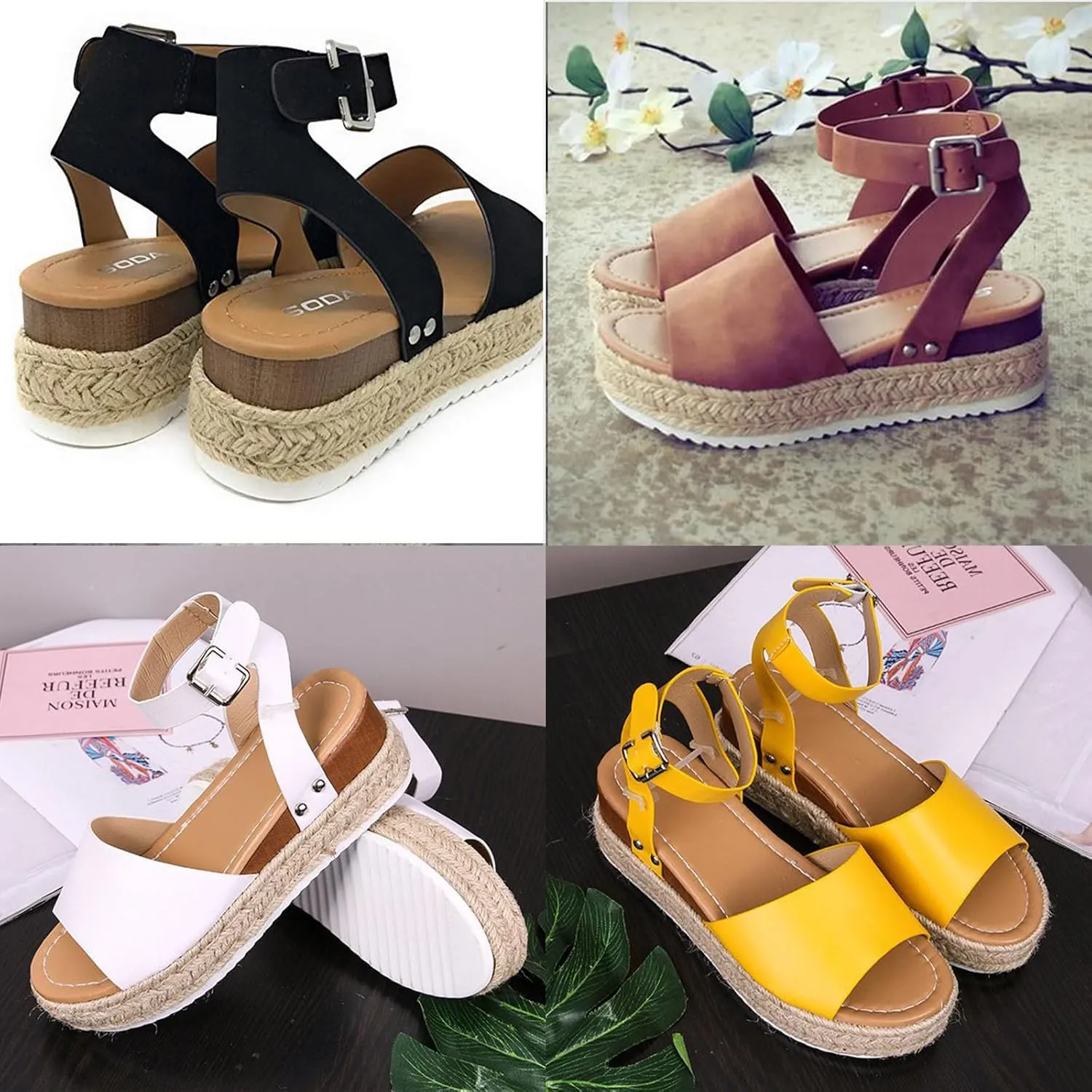 DevilAngel Women's Topic Open Toe Buckle Ankle Strap Espadrilles Flatform Synthetic Summer Casual Wedges Sandals