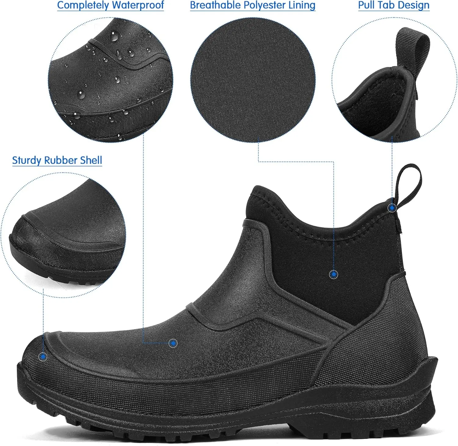 DKSUKO Men's Waterproof Neoprene Ankle Muck Boots,Durable Insulated Rubber Slip On Water Deck Boots,Outdoor Rain Footwear,Anti-Slip Mud Shoes