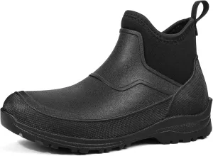 DKSUKO Men's Waterproof Neoprene Ankle Muck Boots,Durable Insulated Rubber Slip On Water Deck Boots,Outdoor Rain Footwear,Anti-Slip Mud Shoes