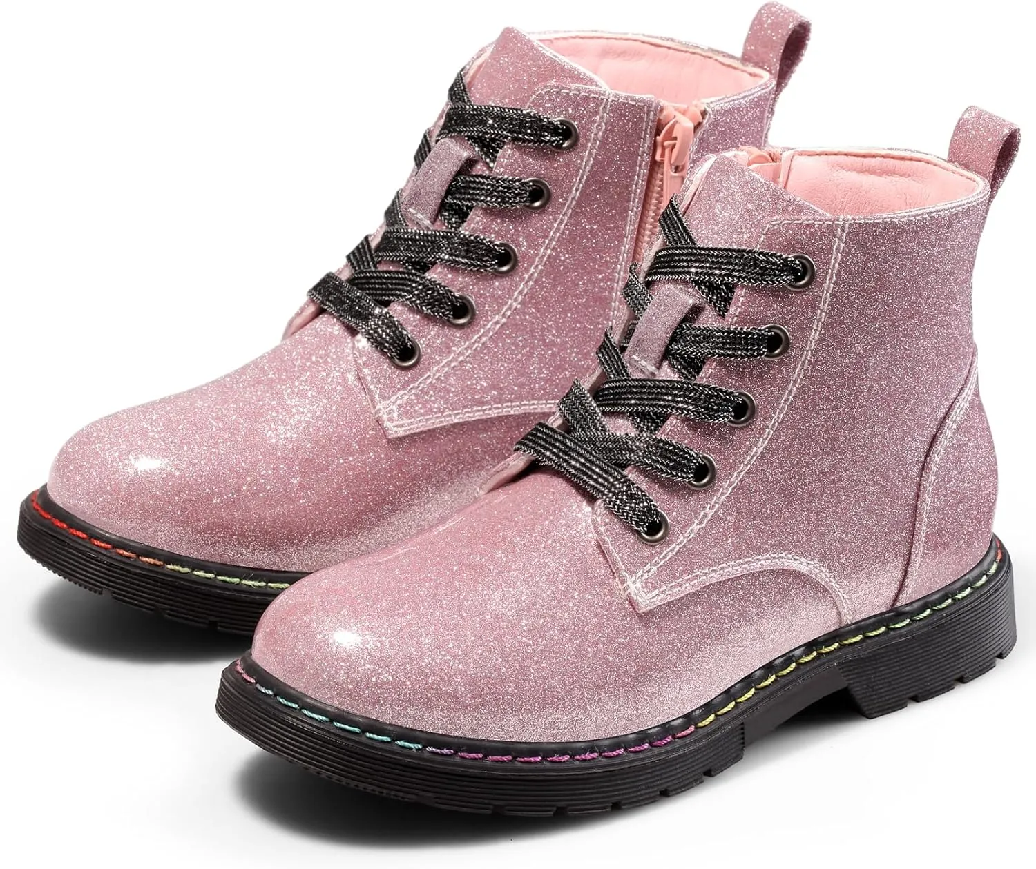Dodow Girls Ankle Boots Glitter Combat Booties Zipper Lace Up Winter Dress Boots for Little Kid Big Kid