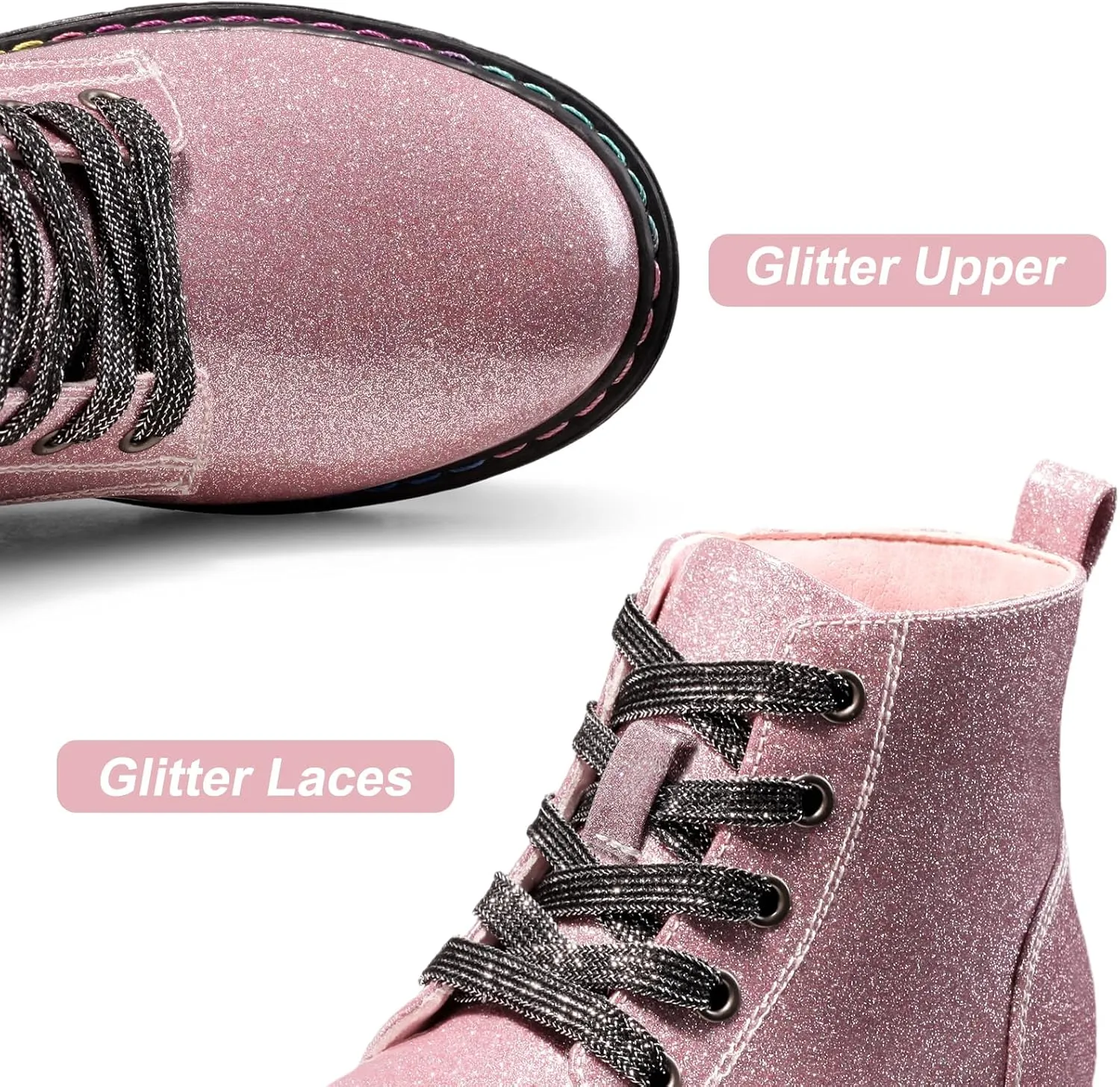 Dodow Girls Ankle Boots Glitter Combat Booties Zipper Lace Up Winter Dress Boots for Little Kid Big Kid