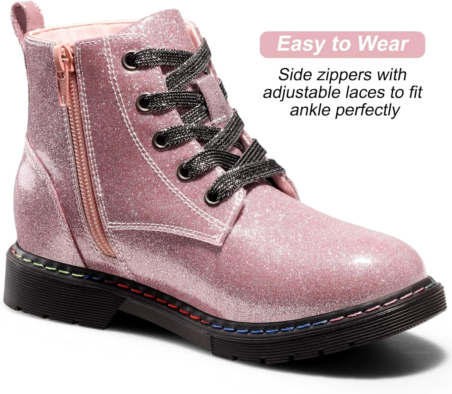 Dodow Girls Ankle Boots Glitter Combat Booties Zipper Lace Up Winter Dress Boots for Little Kid Big Kid