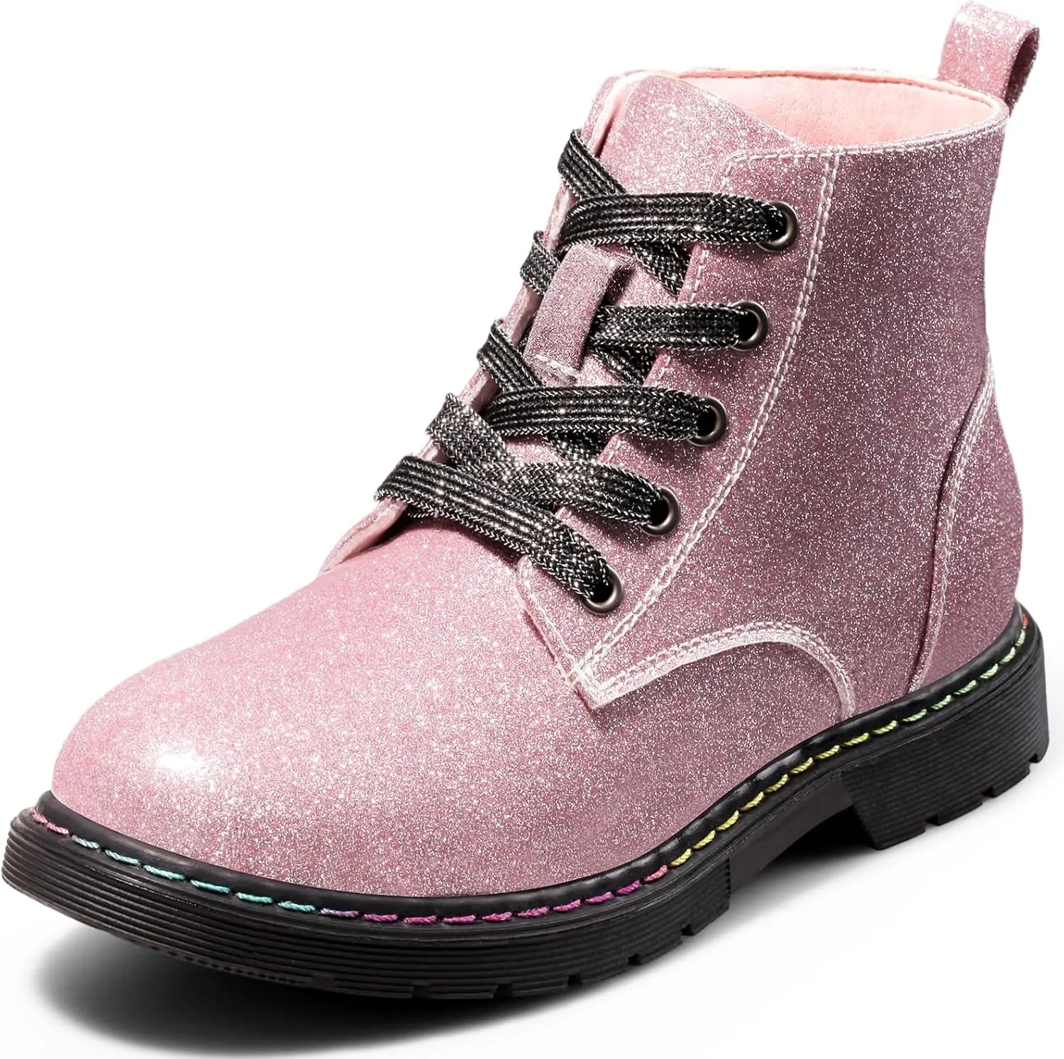 Dodow Girls Ankle Boots Glitter Combat Booties Zipper Lace Up Winter Dress Boots for Little Kid Big Kid