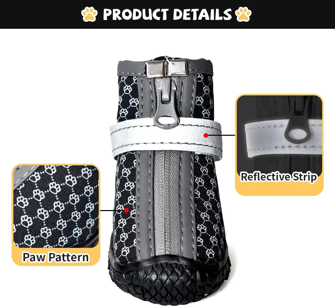 Dog Shoes for Small Dogs, Anti-Slip Dog Boots with Reflective Strips, Puppy Paw Protectors for Walking Winter Snow Summer Hot Pavement, Waterproof in Rainy Weather 4PCS/Set (Blackpawboot)