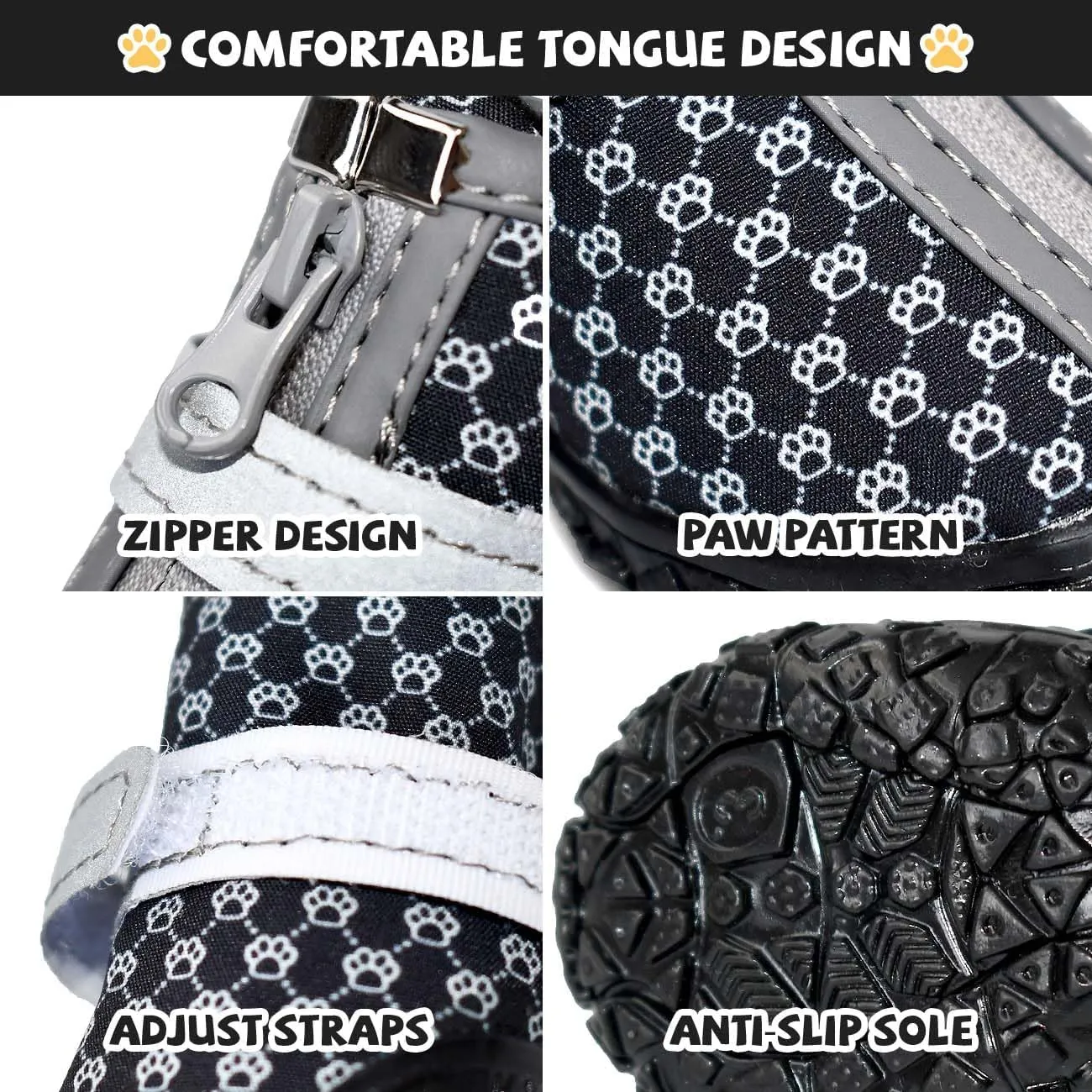 Dog Shoes for Small Dogs, Anti-Slip Dog Boots with Reflective Strips, Puppy Paw Protectors for Walking Winter Snow Summer Hot Pavement, Waterproof in Rainy Weather 4PCS/Set (Blackpawboot)