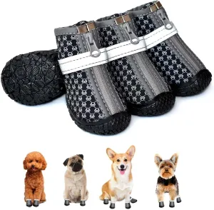 Dog Shoes for Small Dogs, Anti-Slip Dog Boots with Reflective Strips, Puppy Paw Protectors for Walking Winter Snow Summer Hot Pavement, Waterproof in Rainy Weather 4PCS/Set (Blackpawboot)