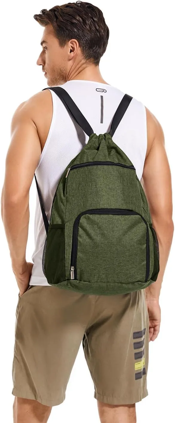 Drawstring Backpack with Wet Pocket & Shoe Compartment, Water-Resistant Sports Gym Swim String Bag for Women Men(Dark Green)