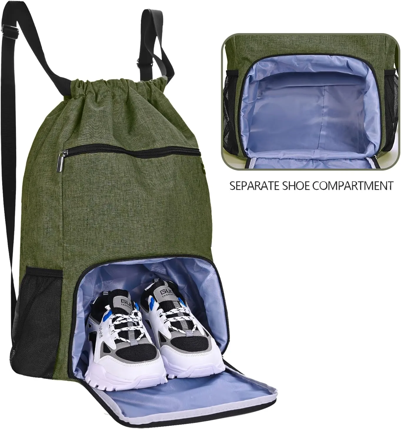 Drawstring Backpack with Wet Pocket & Shoe Compartment, Water-Resistant Sports Gym Swim String Bag for Women Men(Dark Green)