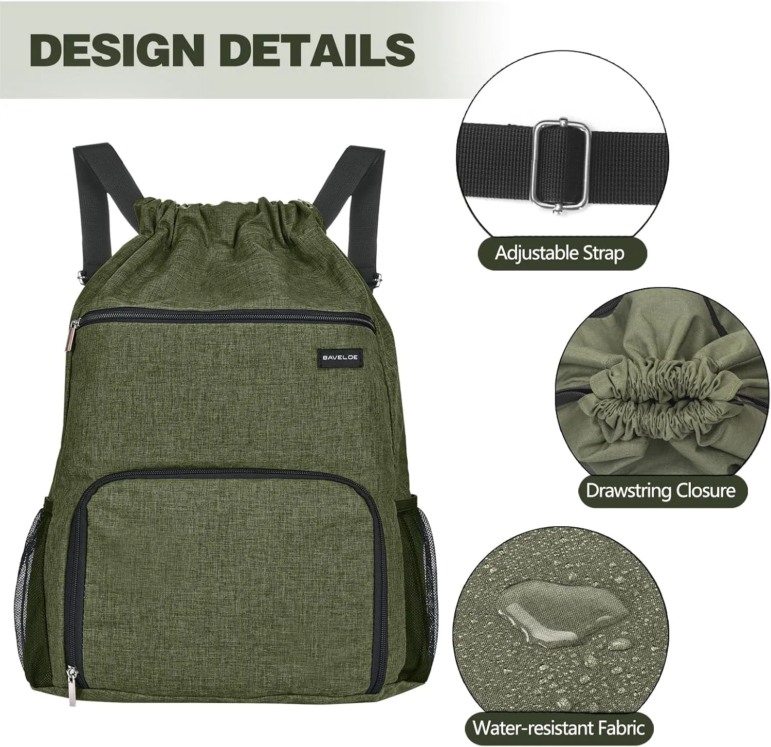 Drawstring Backpack with Wet Pocket & Shoe Compartment, Water-Resistant Sports Gym Swim String Bag for Women Men(Dark Green)