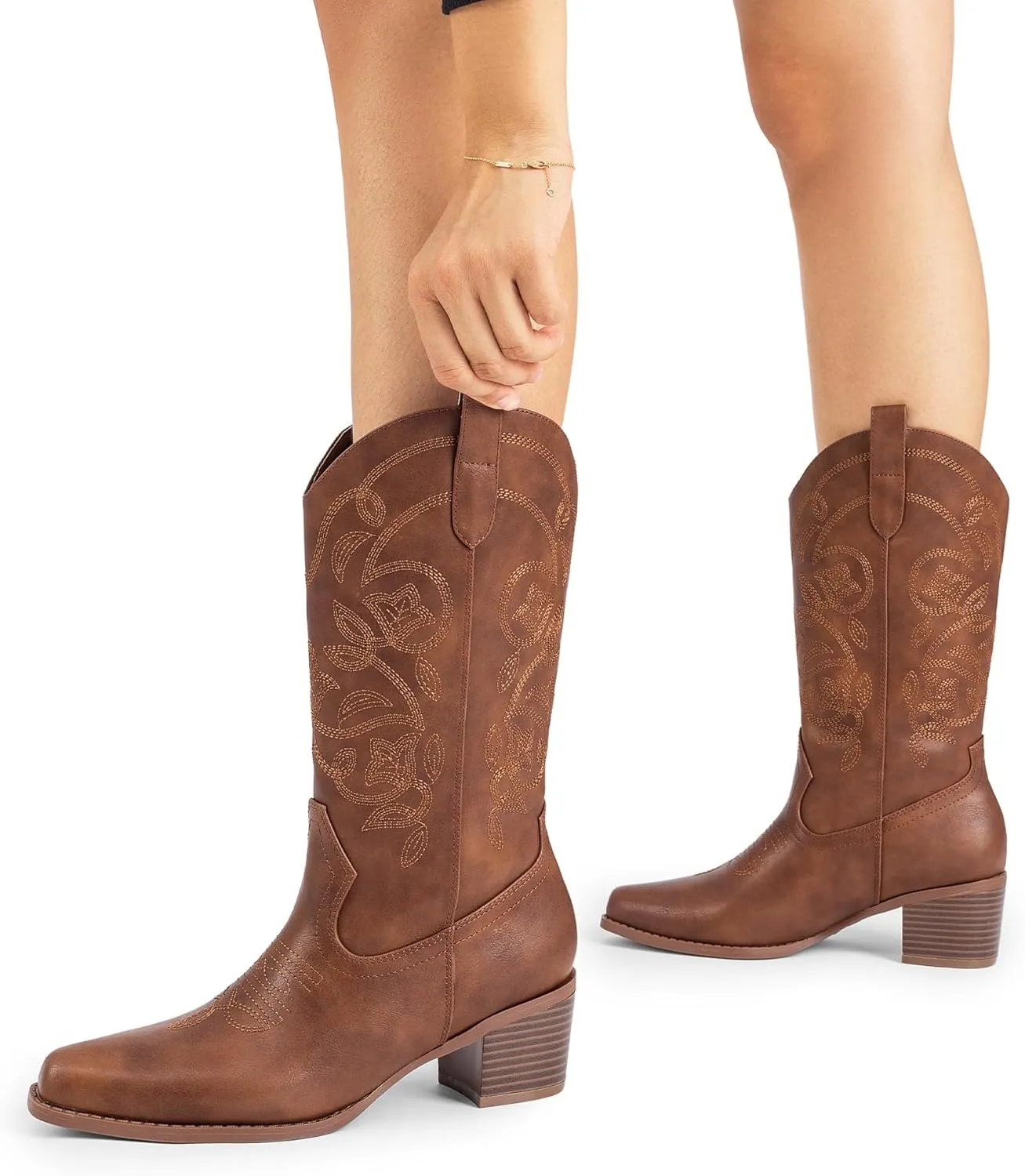 DREAM PAIRS Cowboy Boots for Women Cowgirl Western Boots Fashion Embroidery Stitched Chunky Heel Mid Calf Boots
