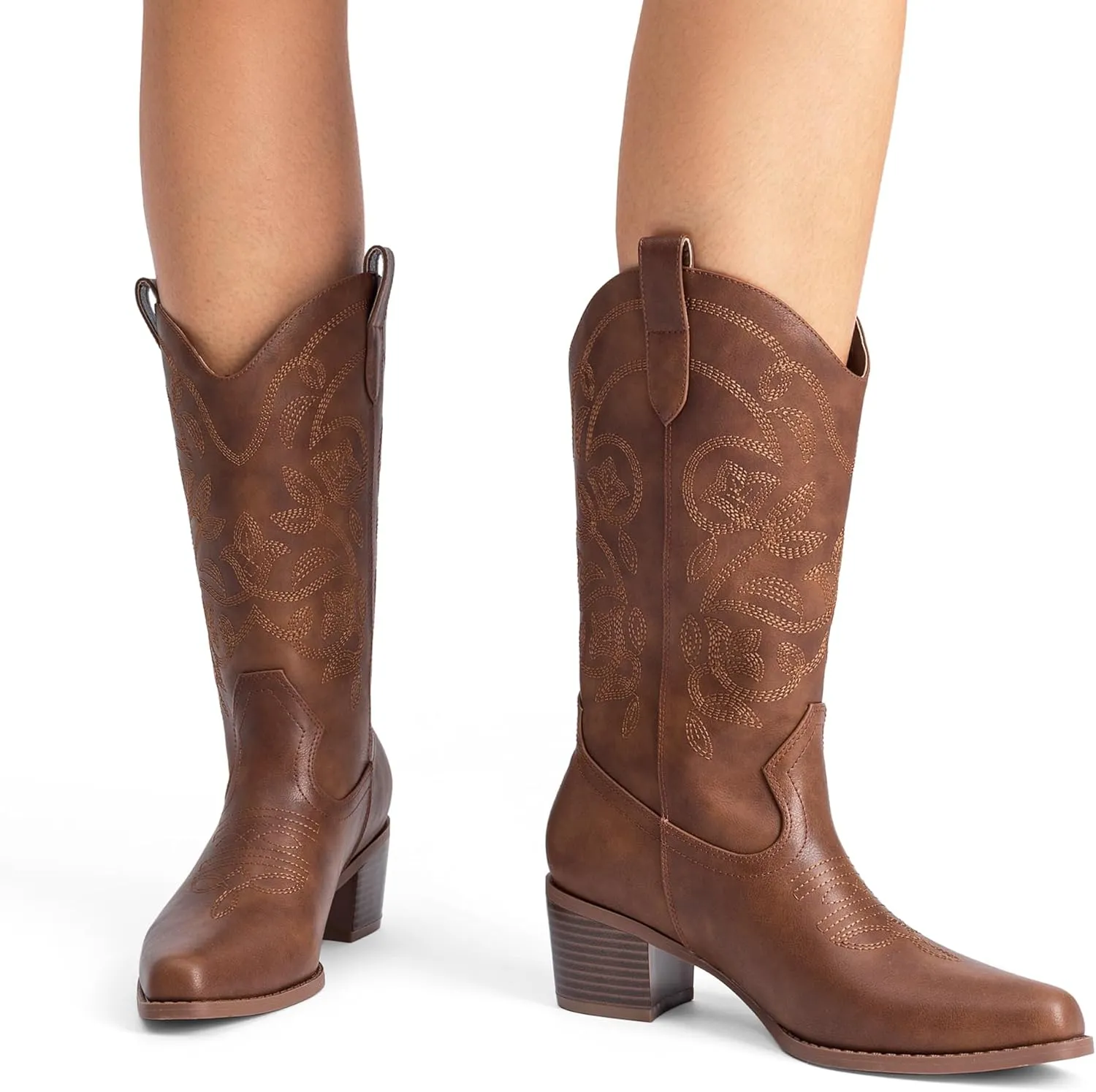 DREAM PAIRS Cowboy Boots for Women Cowgirl Western Boots Fashion Embroidery Stitched Chunky Heel Mid Calf Boots