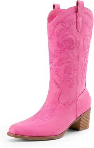 DREAM PAIRS Cowboy Boots for Women Cowgirl Western Boots Fashion Embroidery Stitched Chunky Heel Mid Calf Boots