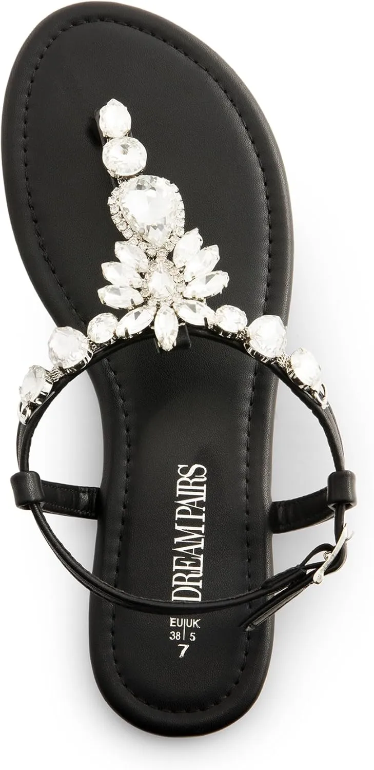 DREAM PAIRS Flat Sandals for Women Dressy Rhinestone T-Strap Thong Flat Sandals for Summers Dress Beach