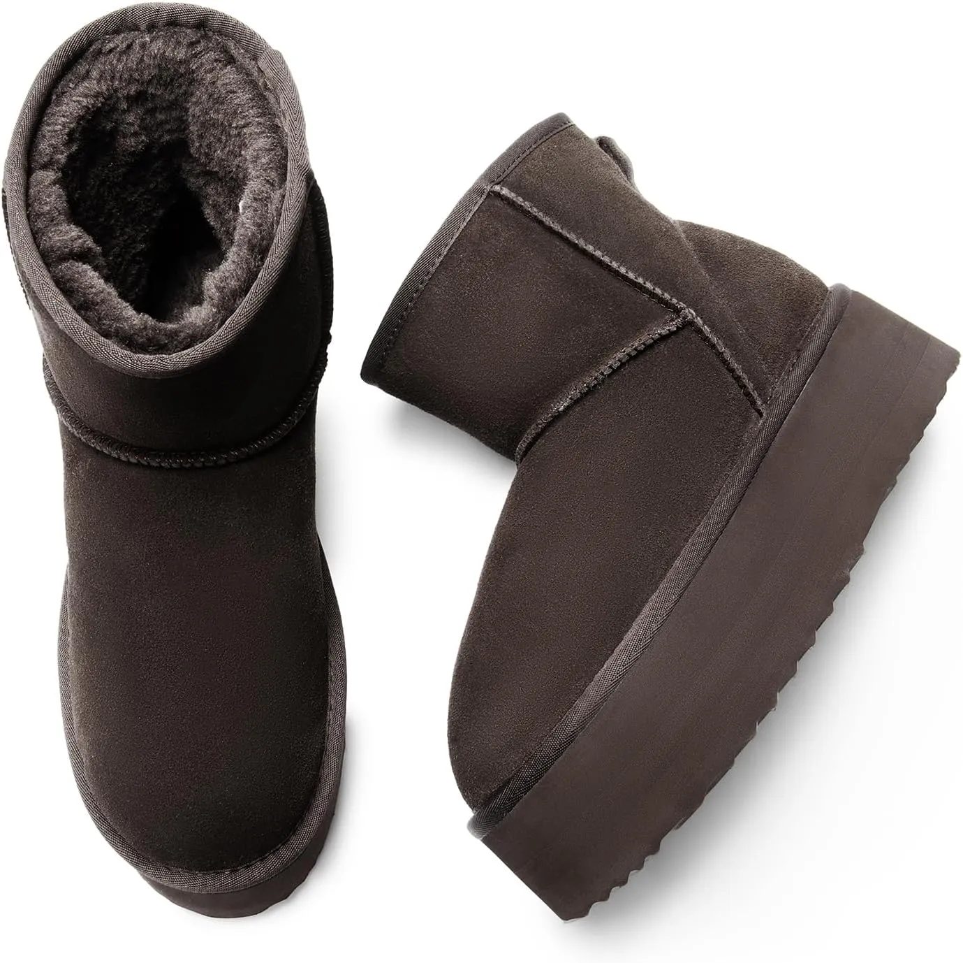 DREAM PAIRS Genuine Suede Classic Platform Boots for Women Water Resistant FuzzyClassic Ankle Winter Snow Low Boots with DIY Bows Faux Fur Lining Memory Foam Anti-Slip