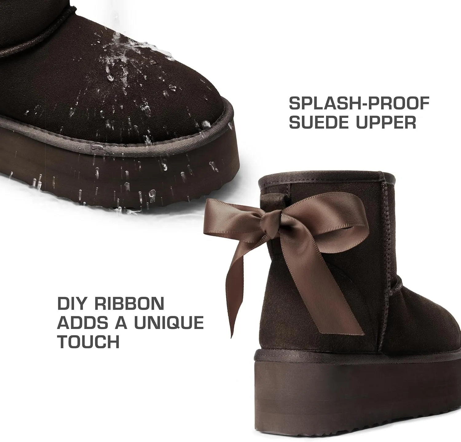 DREAM PAIRS Genuine Suede Classic Platform Boots for Women Water Resistant FuzzyClassic Ankle Winter Snow Low Boots with DIY Bows Faux Fur Lining Memory Foam Anti-Slip