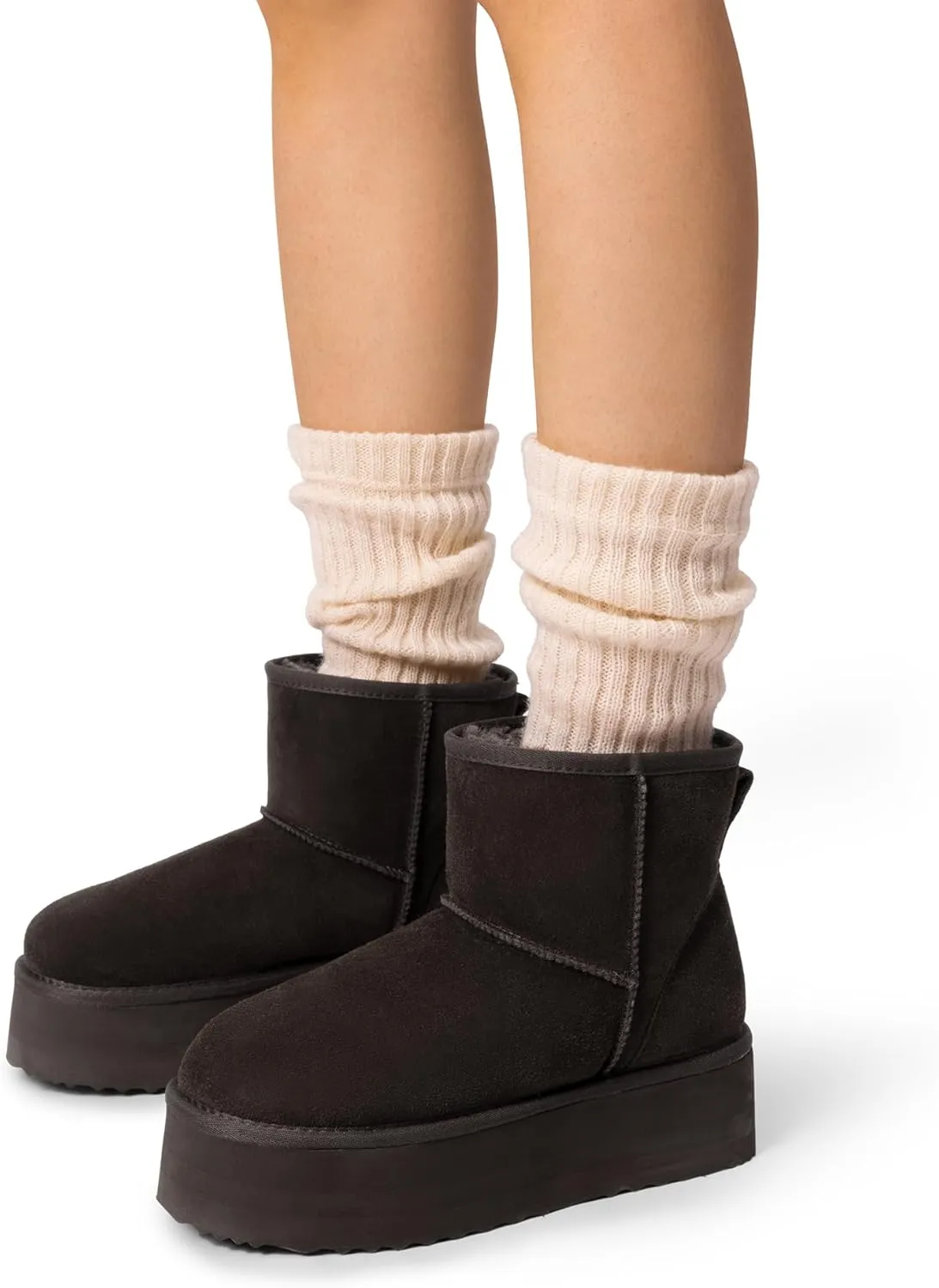 DREAM PAIRS Genuine Suede Classic Platform Boots for Women Water Resistant FuzzyClassic Ankle Winter Snow Low Boots with DIY Bows Faux Fur Lining Memory Foam Anti-Slip