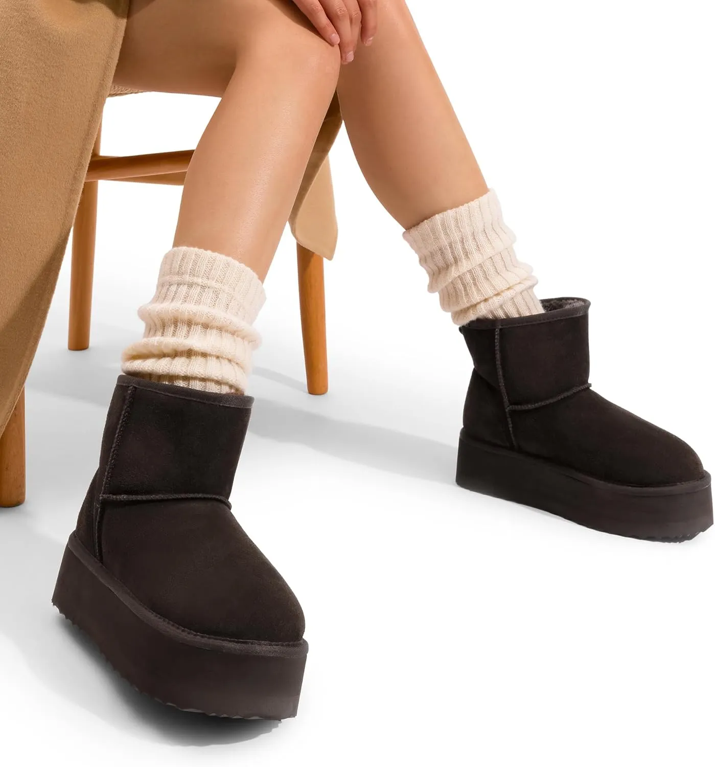 DREAM PAIRS Genuine Suede Classic Platform Boots for Women Water Resistant FuzzyClassic Ankle Winter Snow Low Boots with DIY Bows Faux Fur Lining Memory Foam Anti-Slip
