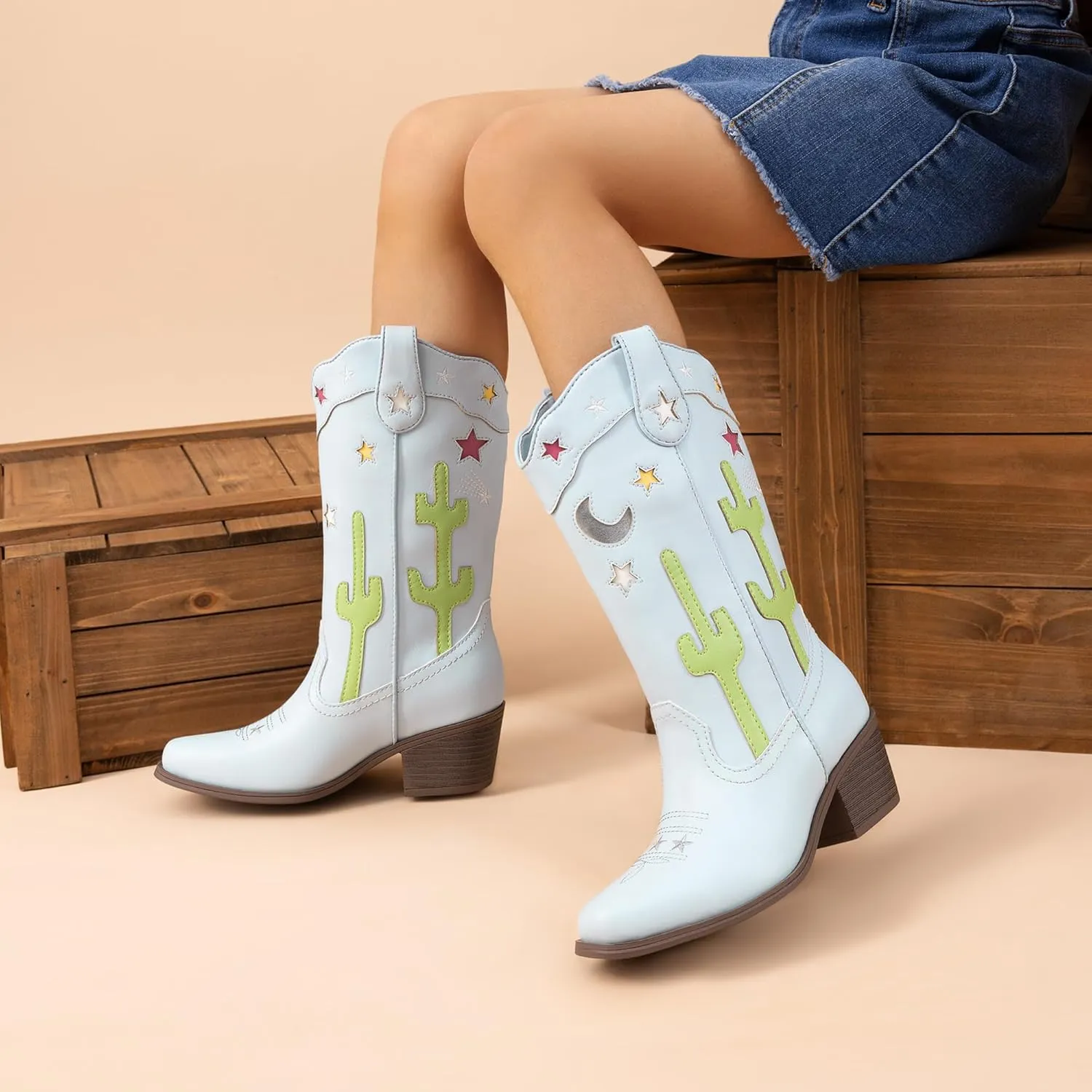 DREAM PAIRS Girls Cowboy Boots Cowgirl Mid Calf Western Boots with Low Heel Square Toe for Little Kid/Big Kid