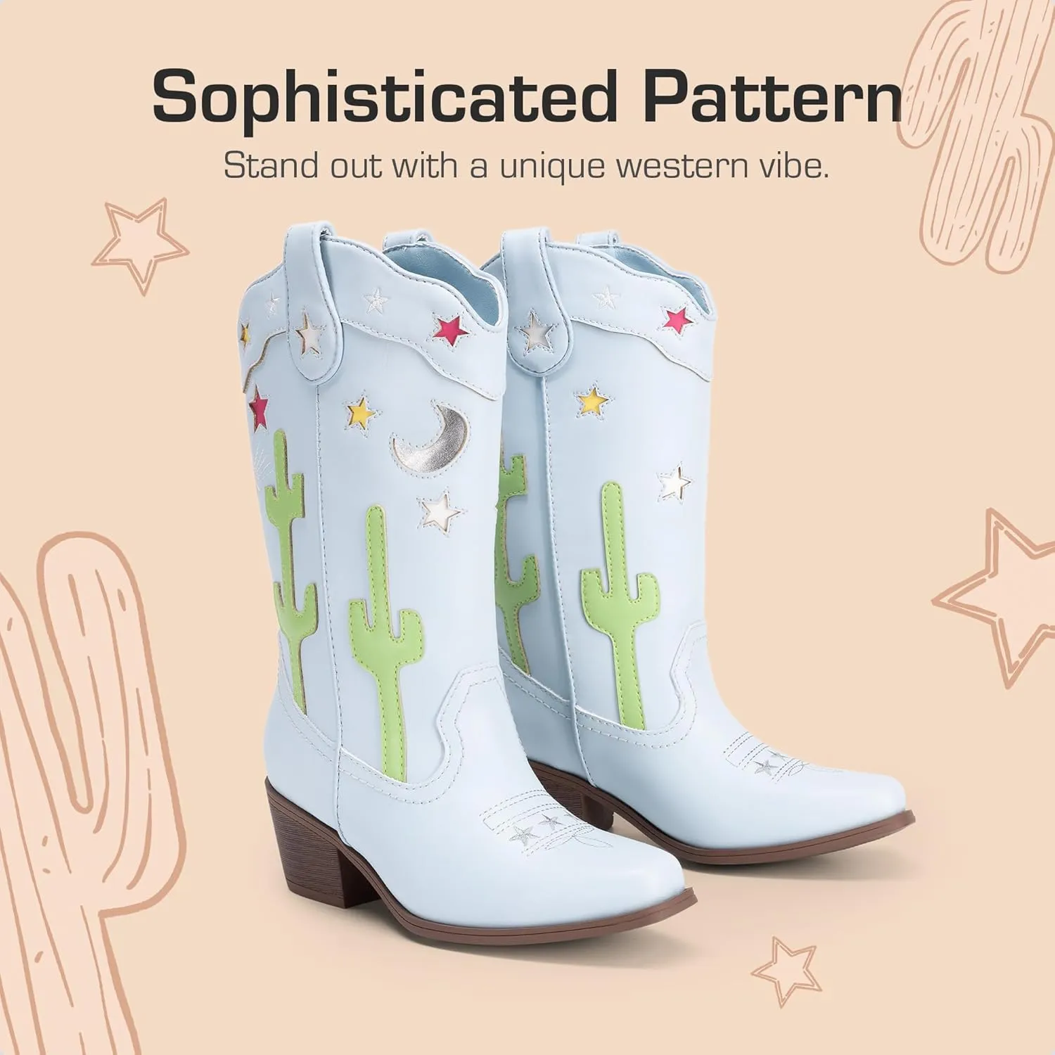 DREAM PAIRS Girls Cowboy Boots Cowgirl Mid Calf Western Boots with Low Heel Square Toe for Little Kid/Big Kid