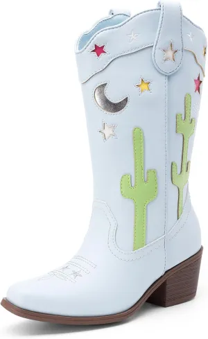 DREAM PAIRS Girls Cowboy Boots Cowgirl Mid Calf Western Boots with Low Heel Square Toe for Little Kid/Big Kid