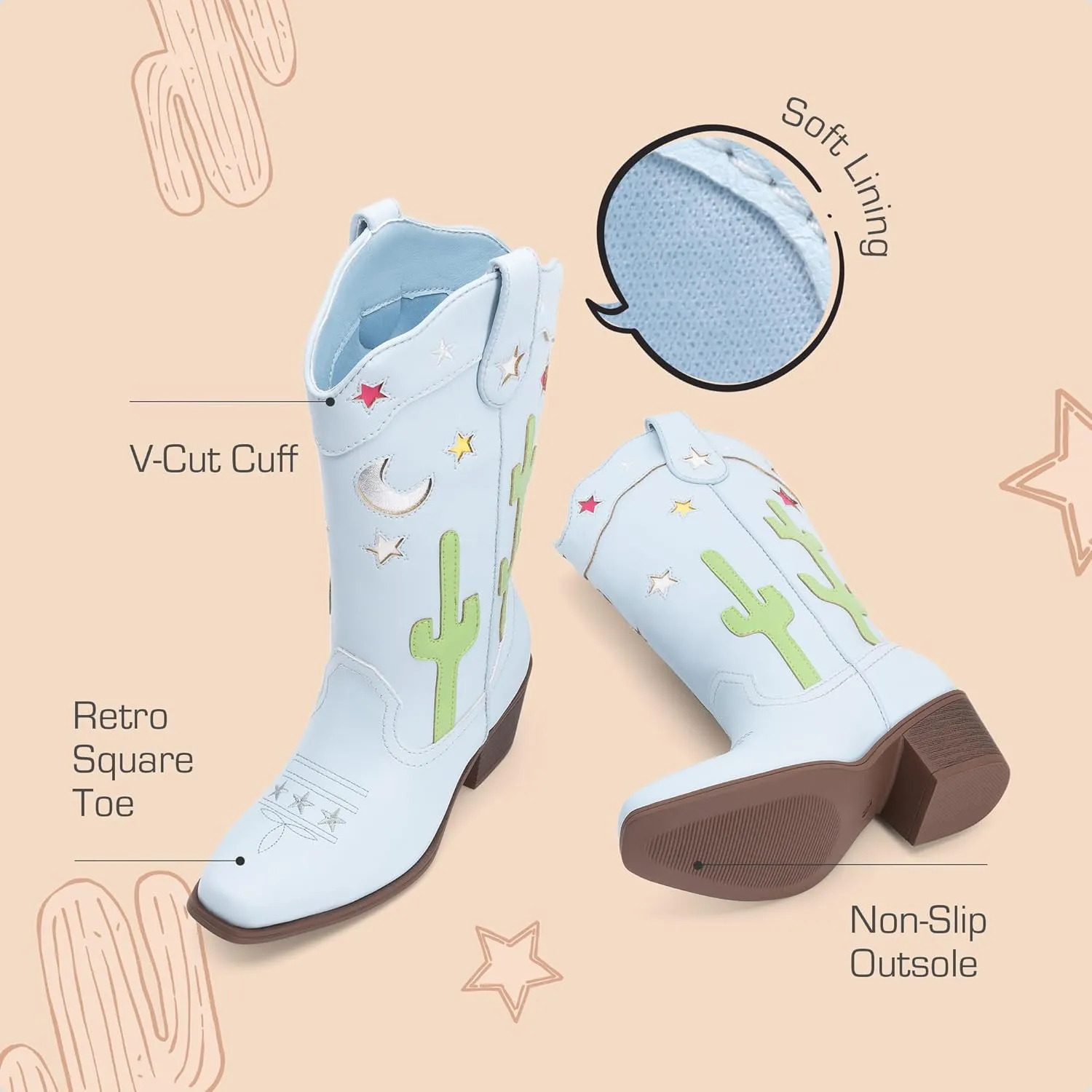 DREAM PAIRS Girls Cowboy Boots Cowgirl Mid Calf Western Boots with Low Heel Square Toe for Little Kid/Big Kid