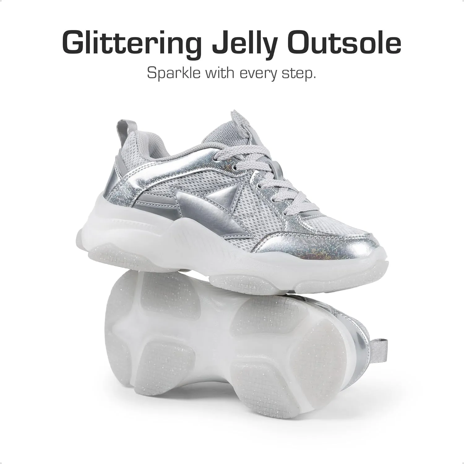 DREAM PAIRS Girls Sneakers Lace up Lightweight Sparkle StarGlow Breathable Jelly Sole Kids Walking Shoes Casual Sports