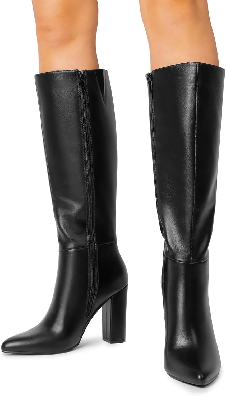 DREAM PAIRS Knee High Boots Women Chunky Heel Pointed Toe Tall Boots for Women Side Zipper Long Boots