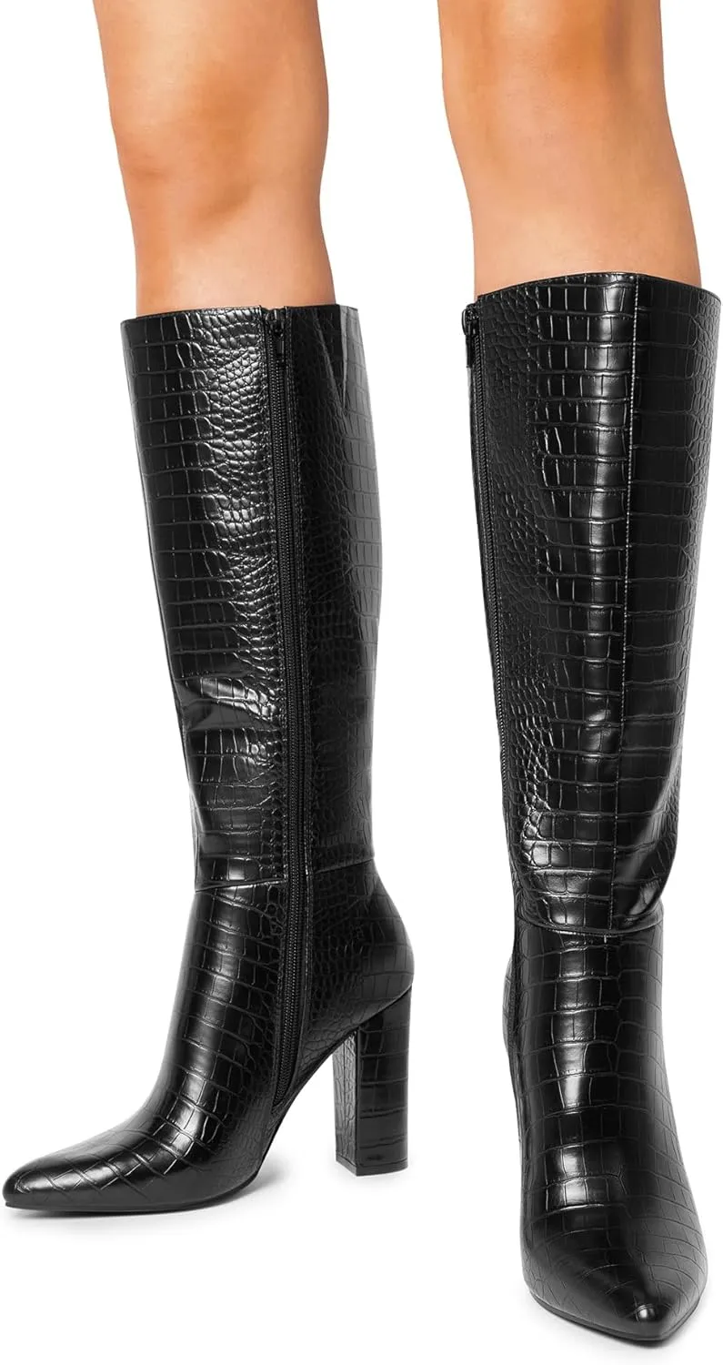 DREAM PAIRS Knee High Boots Women Chunky Heel Pointed Toe Tall Boots for Women Side Zipper Long Boots