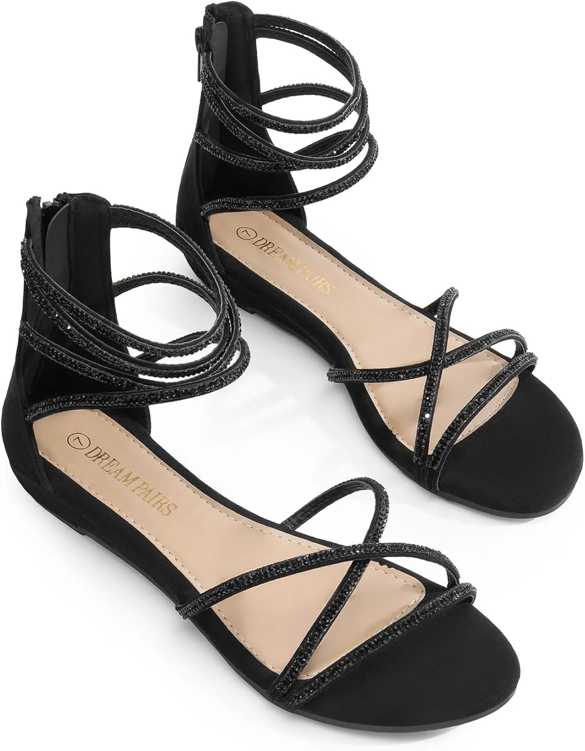 DREAM PAIRS Women's Ankle Strap Flat Sandals Summer Dressy Strappy Gladiator Rhinestones Sandals