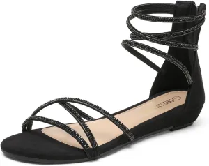DREAM PAIRS Women's Ankle Strap Flat Sandals Summer Dressy Strappy Gladiator Rhinestones Sandals
