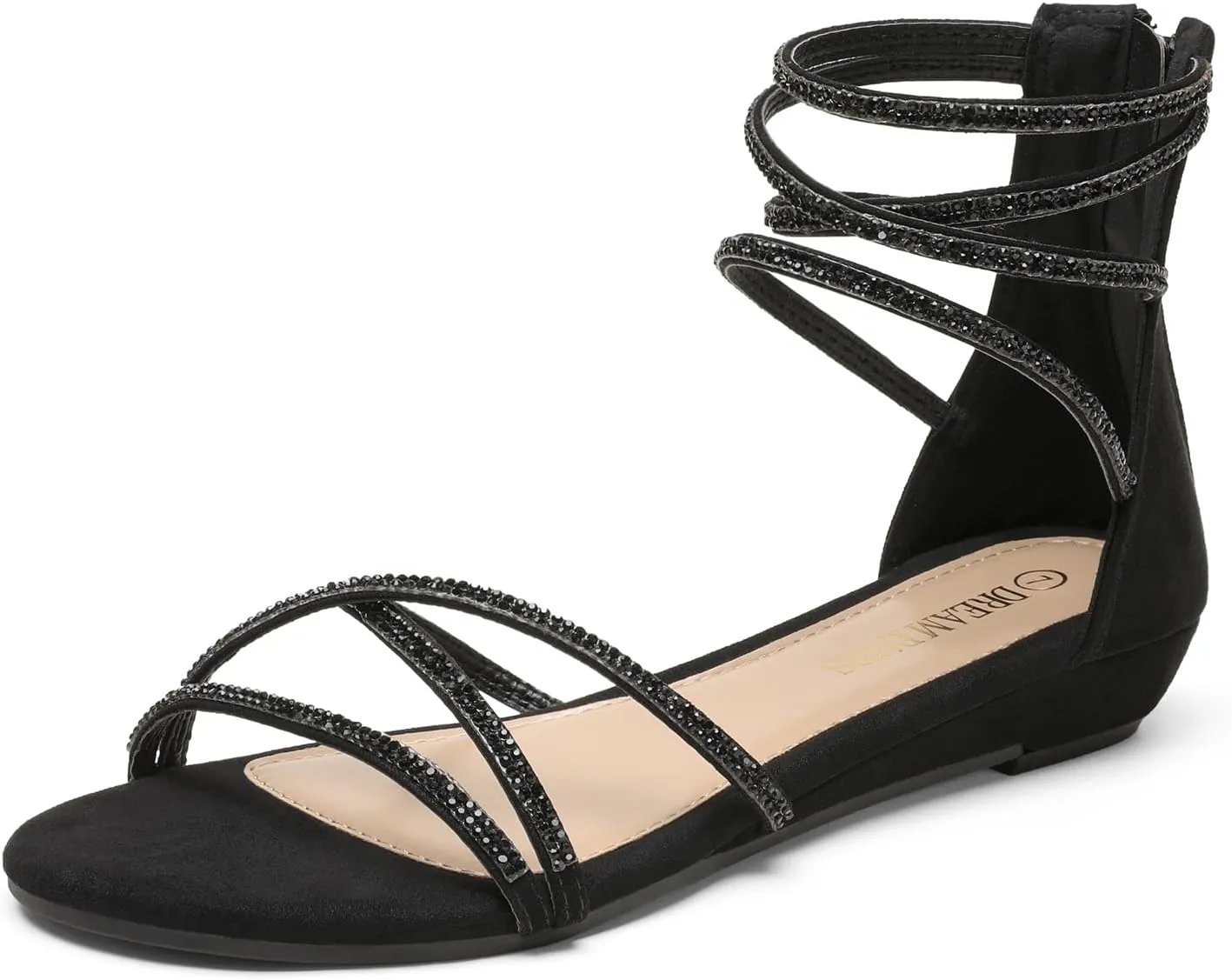 DREAM PAIRS Women's Ankle Strap Flat Sandals Summer Dressy Strappy Gladiator Rhinestones Sandals