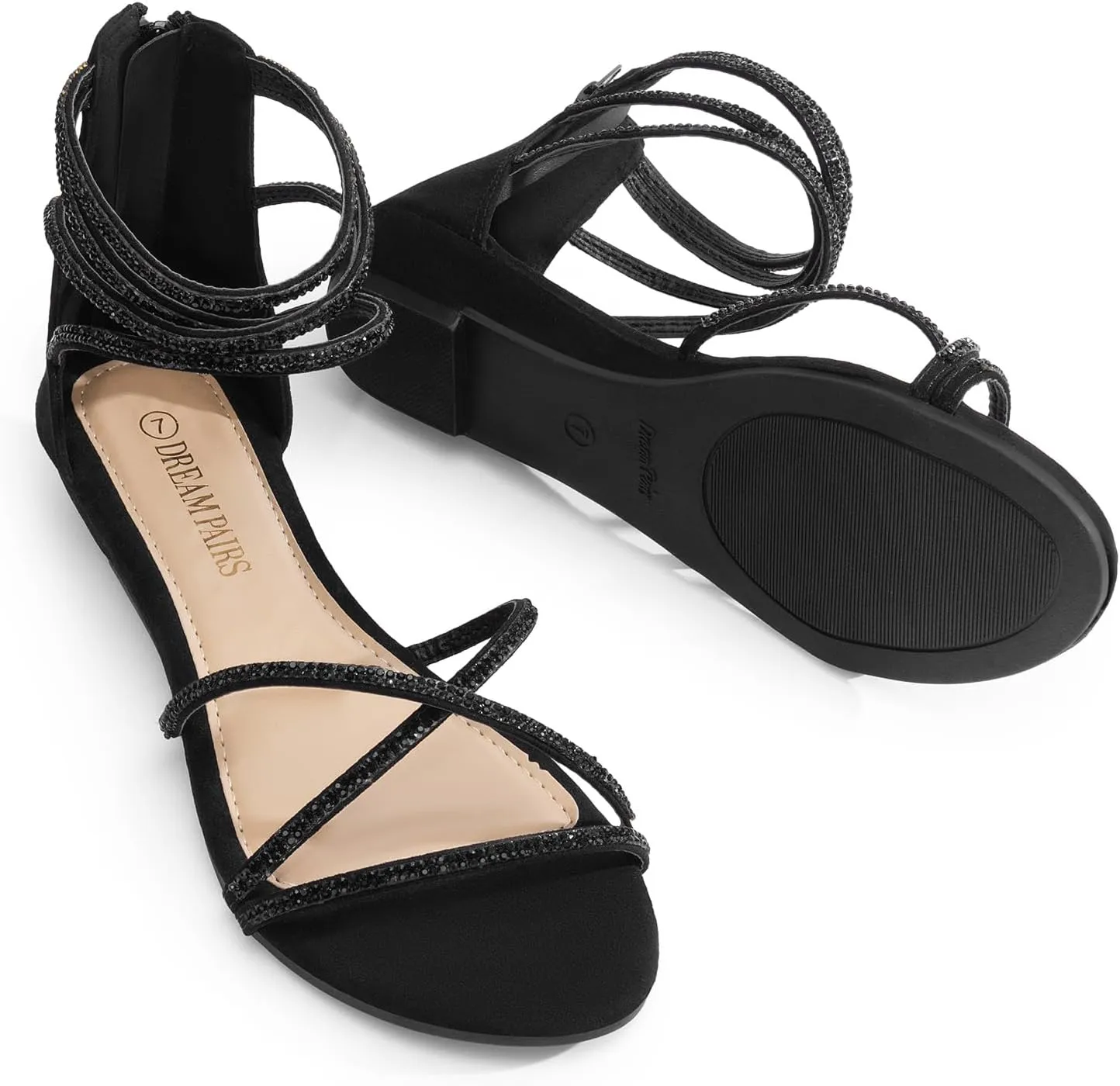 DREAM PAIRS Women's Ankle Strap Flat Sandals Summer Dressy Strappy Gladiator Rhinestones Sandals