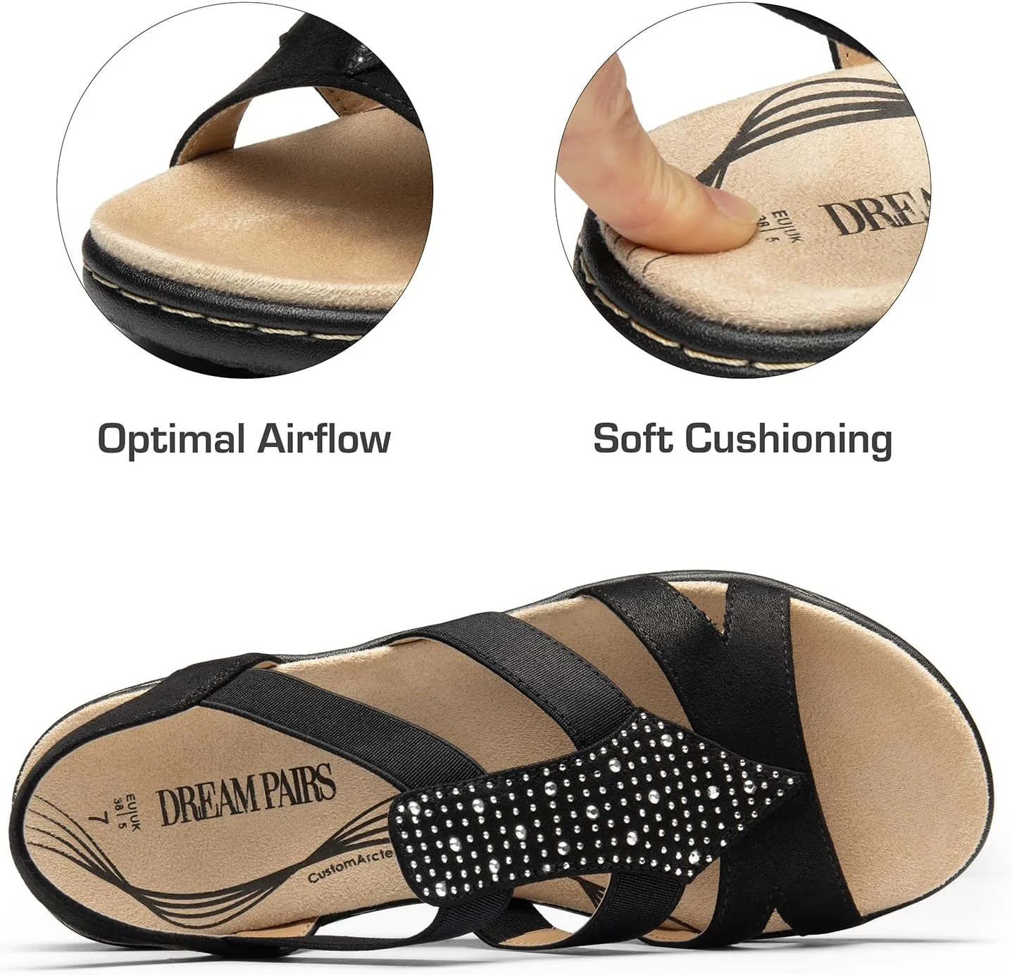 DREAM PAIRS Women's Comfortable Arch Support Dressy Flat Sandals Elastic Open Toe Walking Shoes for Summer