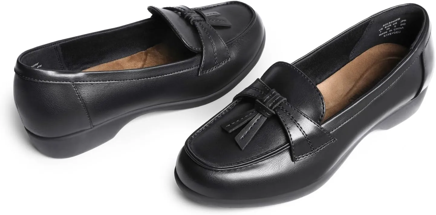 DREAM PAIRS Women's Comfortable Dressy Slip-on Loafers Business Casual Work Shoes Office, Faux Leather Arch Support Round Toe Flats Shoes with Tassel Decoration