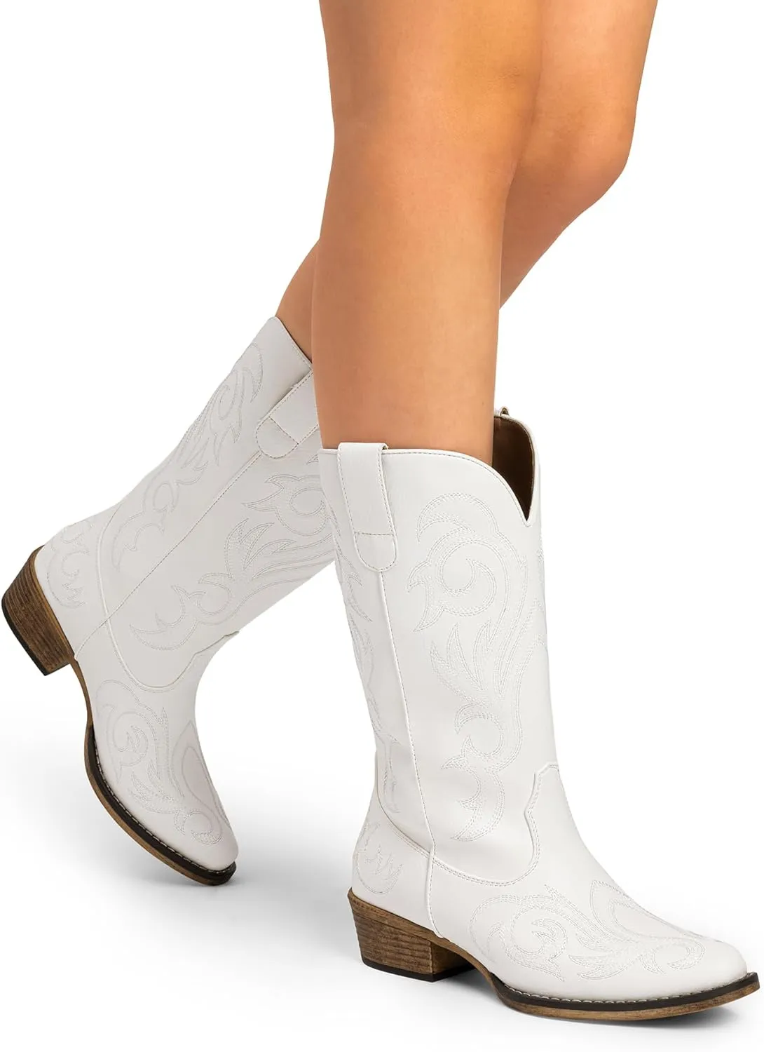 DREAM PAIRS Women's Cowboy Boots Mid Calf Cowgirl Boots Square Toe Chunky Heel Embroidery Stitched Western Boots