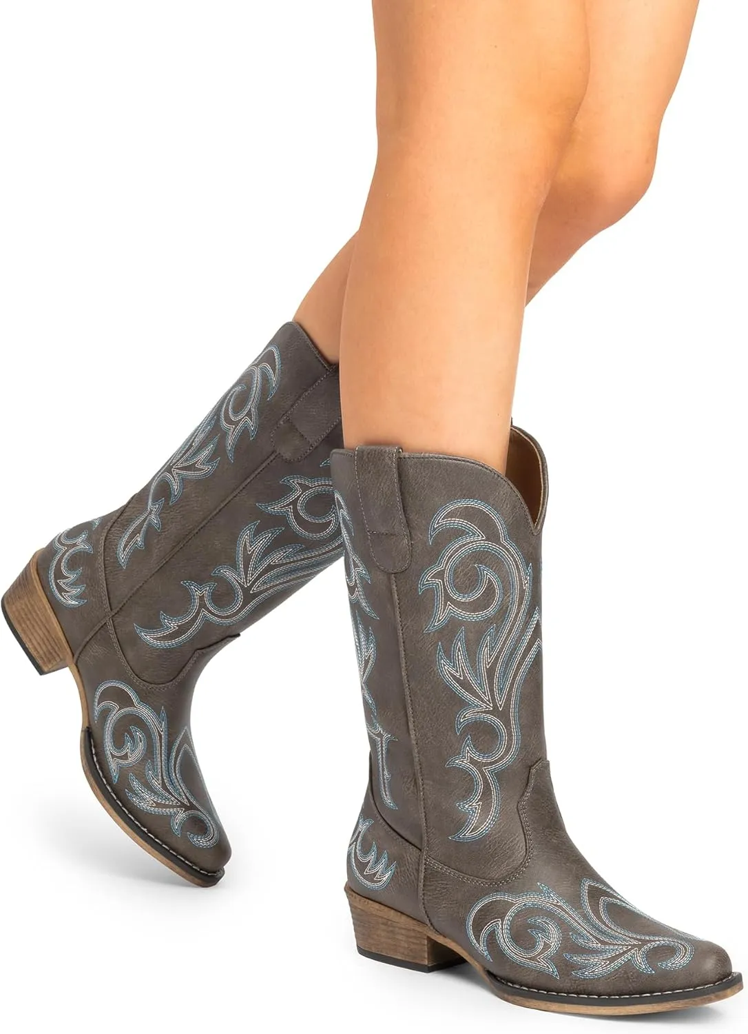 DREAM PAIRS Women's Cowboy Boots Mid Calf Cowgirl Boots Square Toe Chunky Heel Embroidery Stitched Western Boots