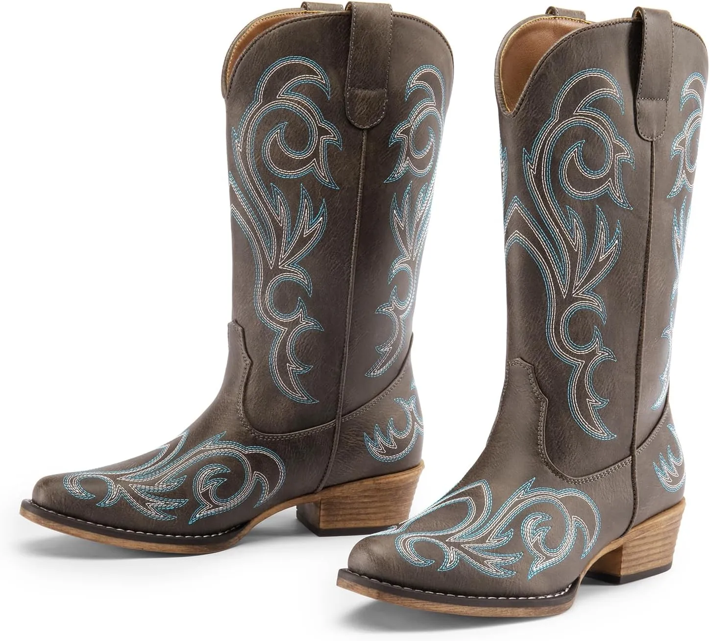 DREAM PAIRS Women's Cowboy Boots Mid Calf Cowgirl Boots Square Toe Chunky Heel Embroidery Stitched Western Boots