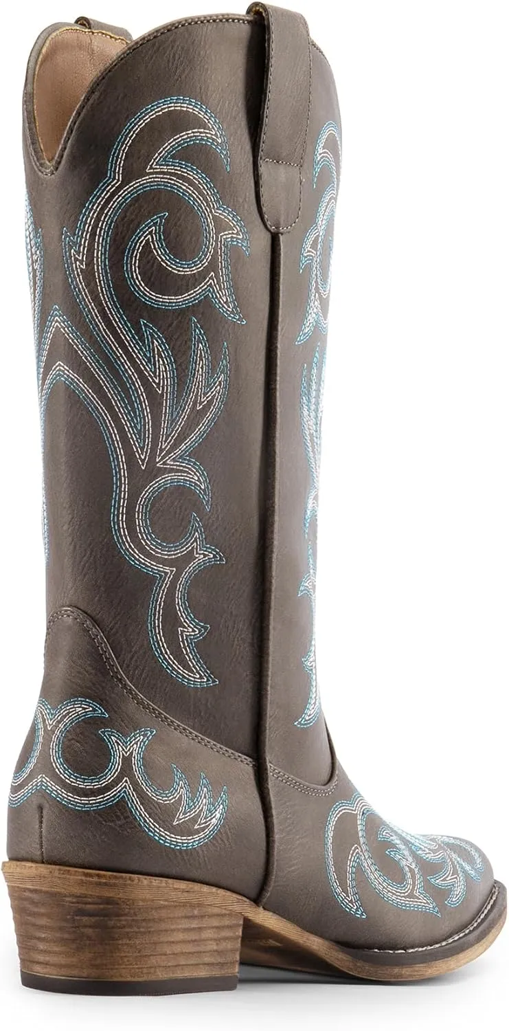 DREAM PAIRS Women's Cowboy Boots Mid Calf Cowgirl Boots Square Toe Chunky Heel Embroidery Stitched Western Boots