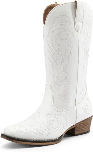 DREAM PAIRS Women's Cowboy Boots Mid Calf Cowgirl Boots Square Toe Chunky Heel Embroidery Stitched Western Boots
