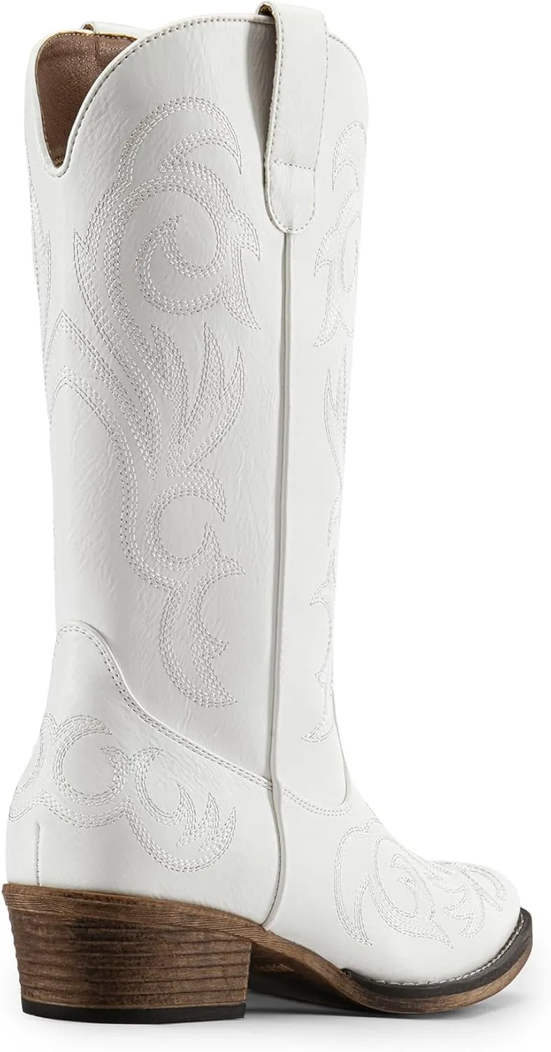 DREAM PAIRS Women's Cowboy Boots Mid Calf Cowgirl Boots Square Toe Chunky Heel Embroidery Stitched Western Boots