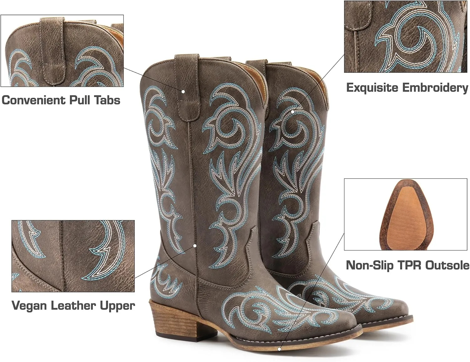 DREAM PAIRS Women's Cowboy Boots Mid Calf Cowgirl Boots Square Toe Chunky Heel Embroidery Stitched Western Boots