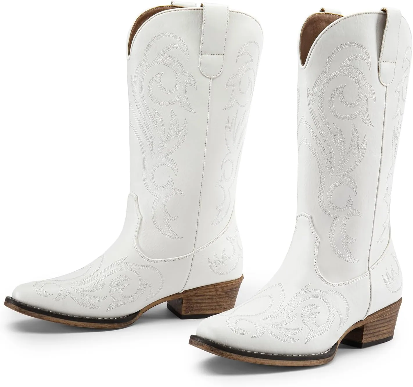 DREAM PAIRS Women's Cowboy Boots Mid Calf Cowgirl Boots Square Toe Chunky Heel Embroidery Stitched Western Boots
