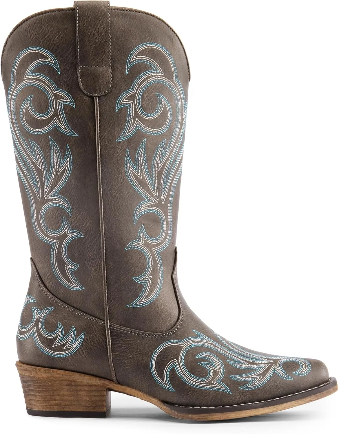DREAM PAIRS Women's Cowboy Boots Mid Calf Cowgirl Boots Square Toe Chunky Heel Embroidery Stitched Western Boots