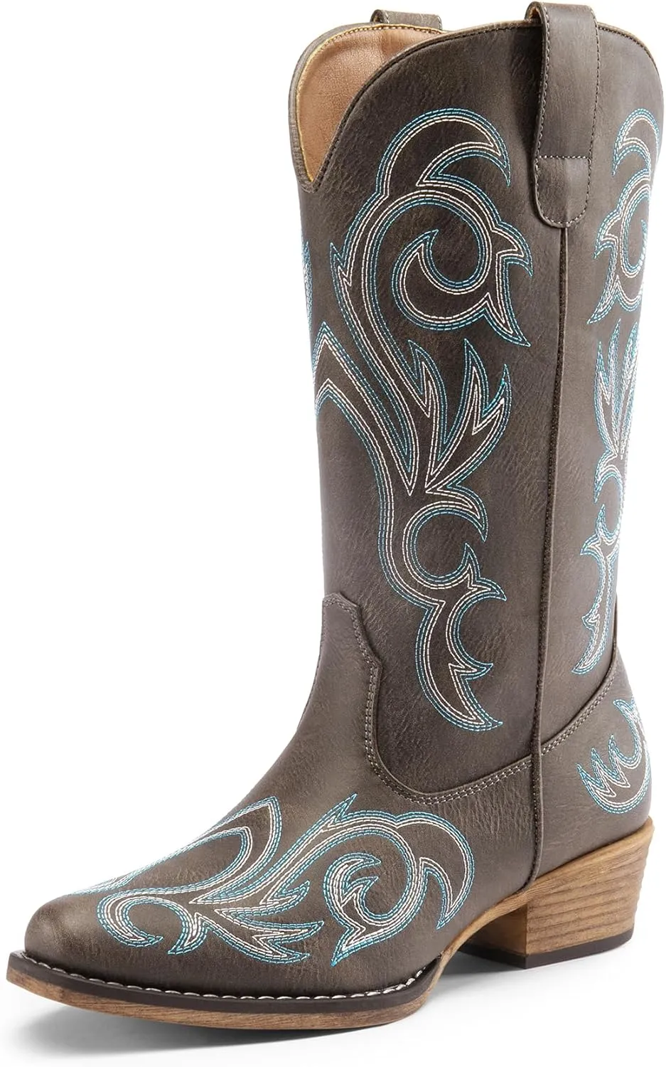 DREAM PAIRS Women's Cowboy Boots Mid Calf Cowgirl Boots Square Toe Chunky Heel Embroidery Stitched Western Boots