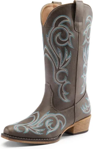 DREAM PAIRS Women's Cowboy Boots Mid Calf Cowgirl Boots Square Toe Chunky Heel Embroidery Stitched Western Boots